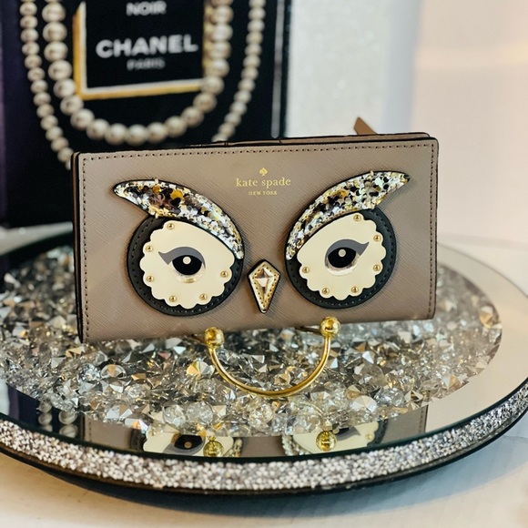 Kate Spade Gray taupe Saffiano leather Owl Design collectible wallet - Picture 1 of 9